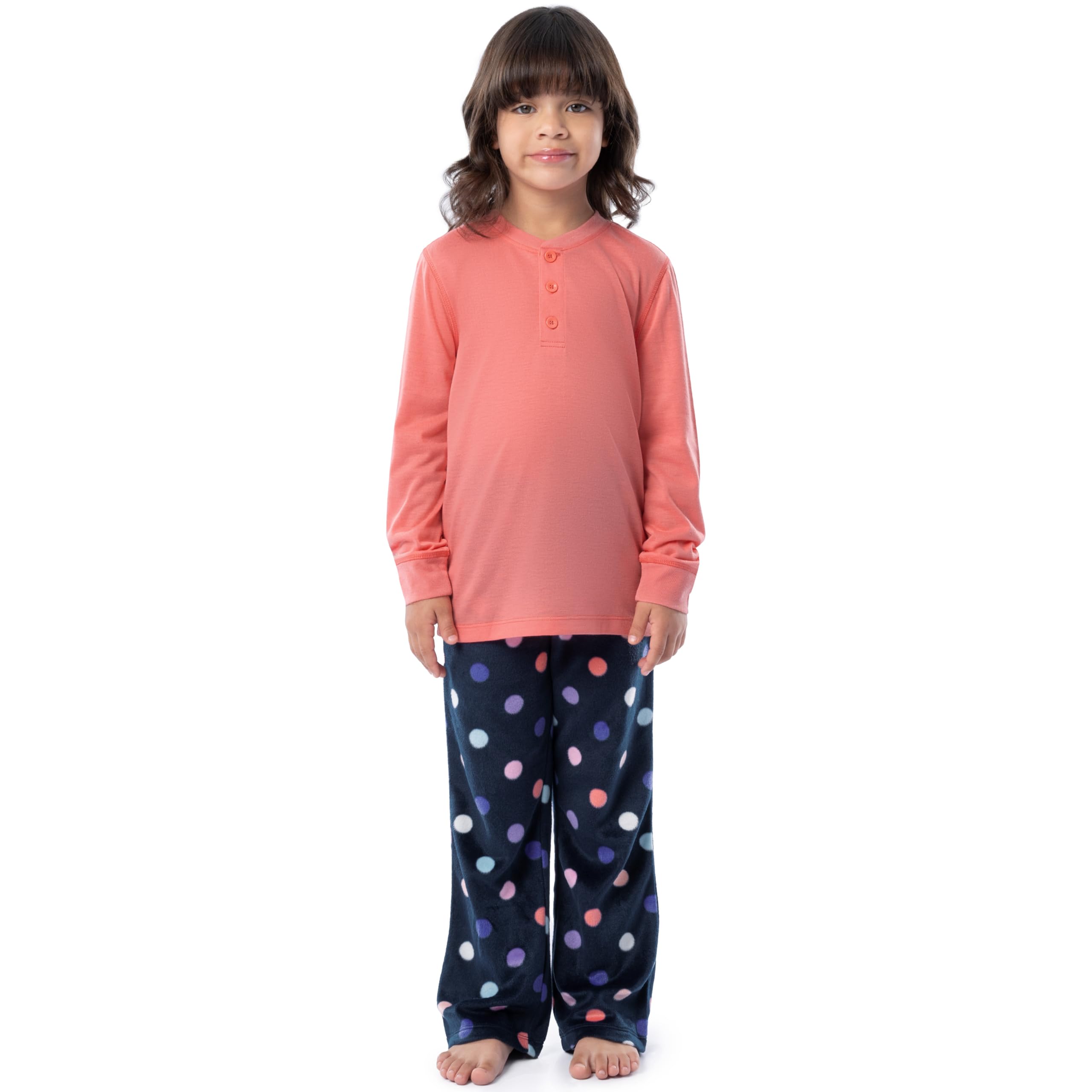 Fruit of the Loom Girls' Long Sleeve Jersey Henley Top and Fleece Pant Sleep Pajama Set