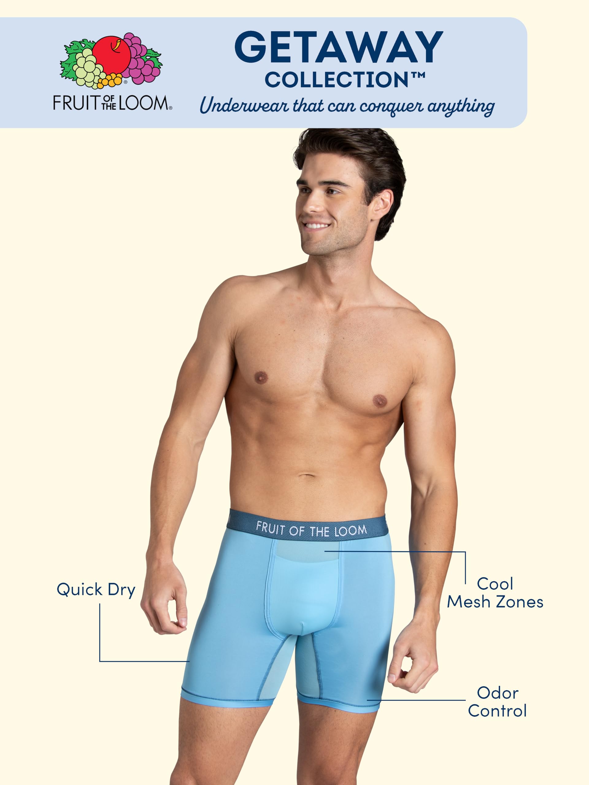 Fruit of the Loom Men's Getaway Boxer Briefs, Lightweight Breathable Fabric, Quick Dry & Odor Control