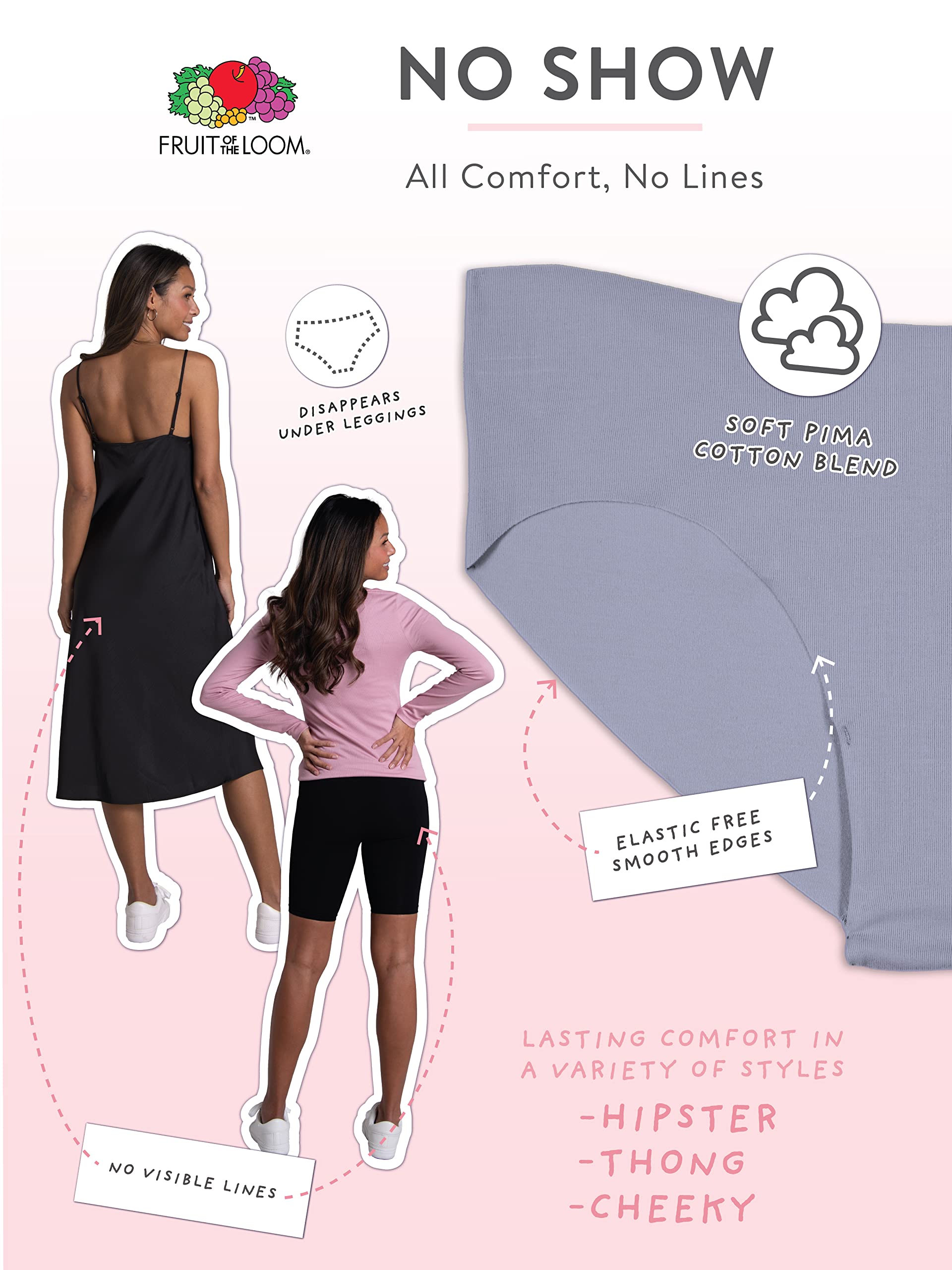 Fruit of the Loom Women's Underwear, Pima Cotton Blend Fabric, Super Smooth Raw Cut Edges