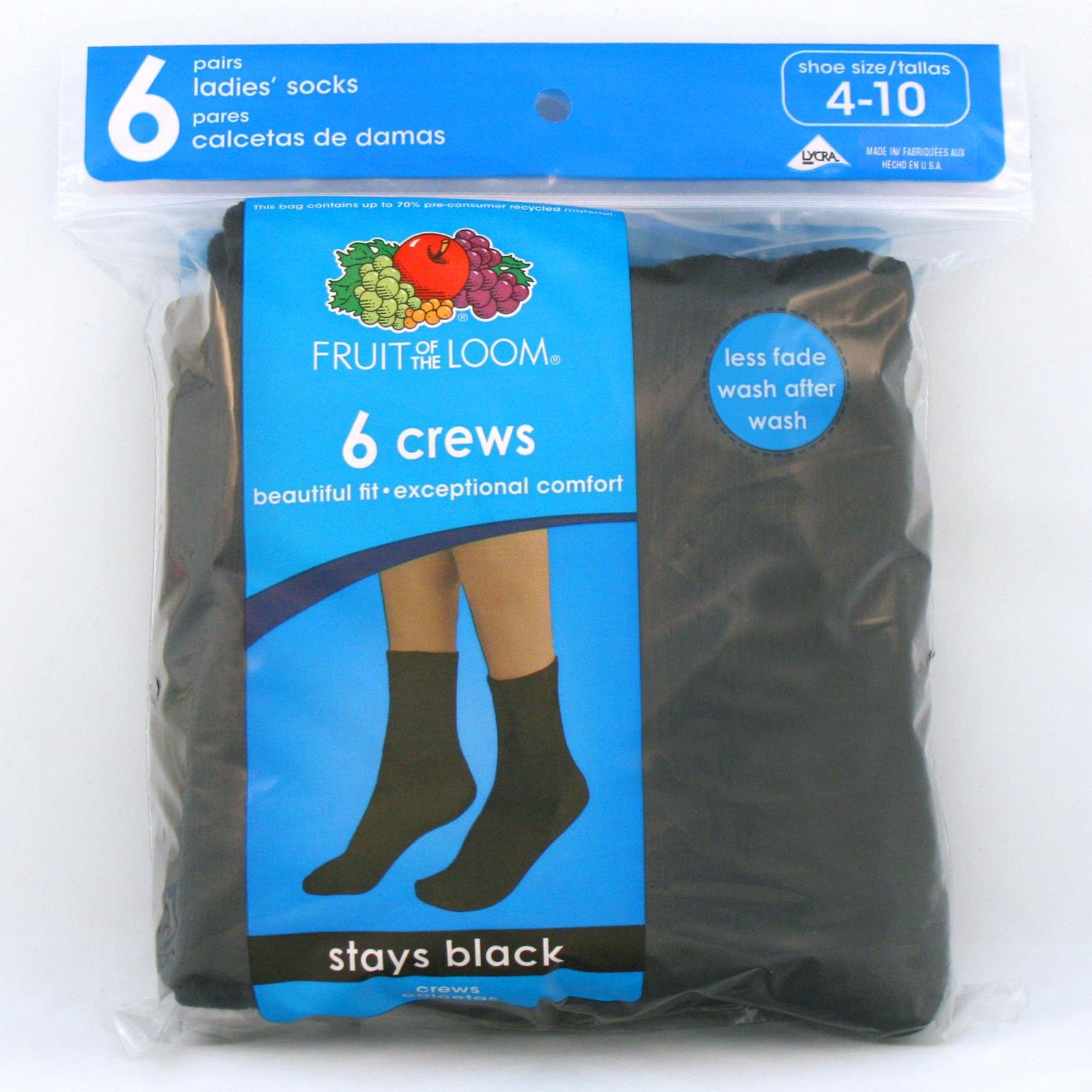 Fruit of the Loom Women's 6 Pack Core Crew Socks, White, Shoe Size: 8-12
