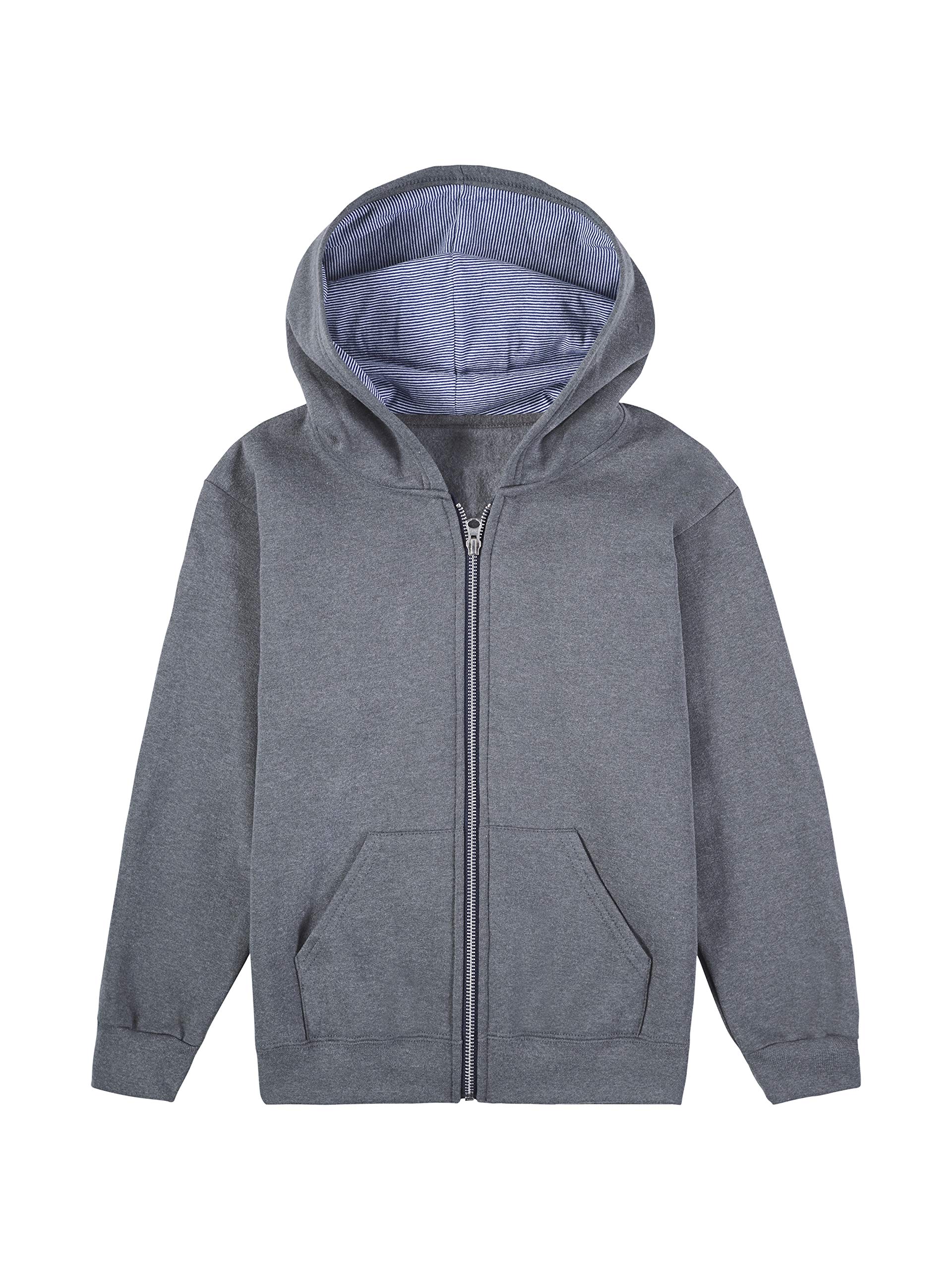 Fruit of the Loom Boys' Fleece Full Zip Hoodie Sweatshirt, CHARCOAL HEATHER/TIMES SQUARE NAVY STRIPE, Small