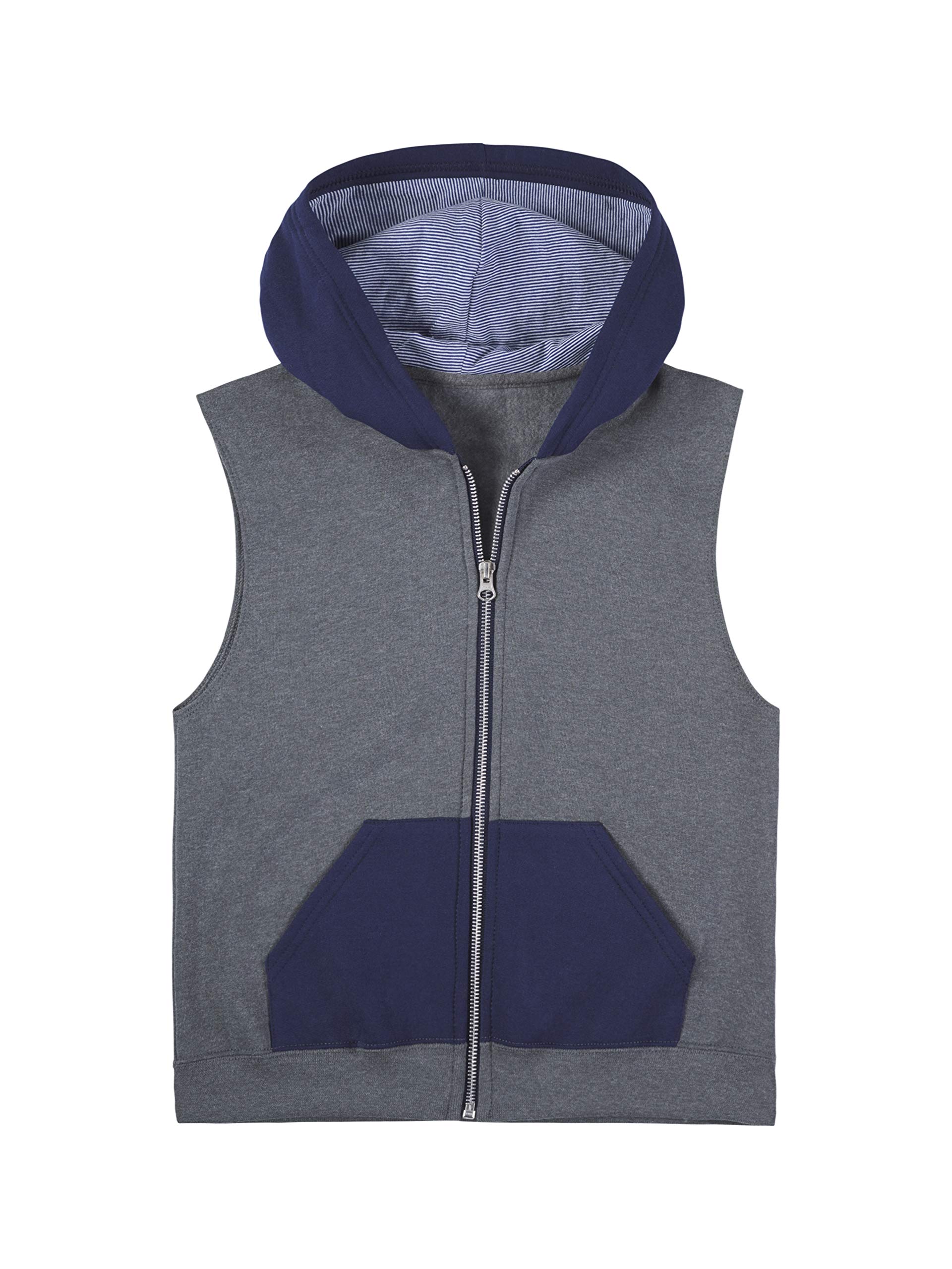 Fruit of the Loom Boys' Fleece Full Zip Sleeveless Vest, Charcoal Heather/Ghost Times Square Navy Stripe, Small