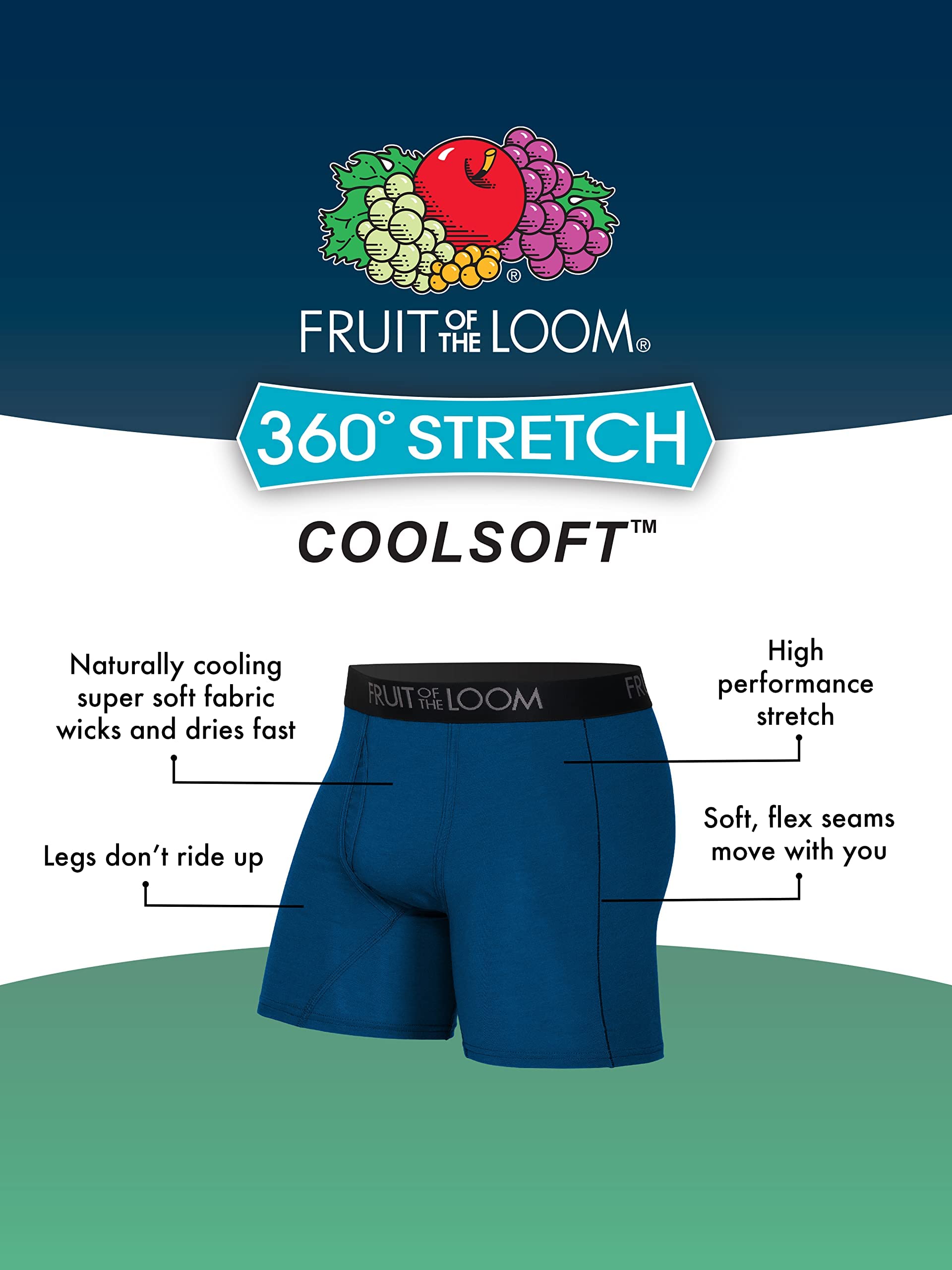 Fruit of the Loom Men's 360 Stretch Boxer Briefs, High Performance Stretch, Quick Dry & Moisture Wicking