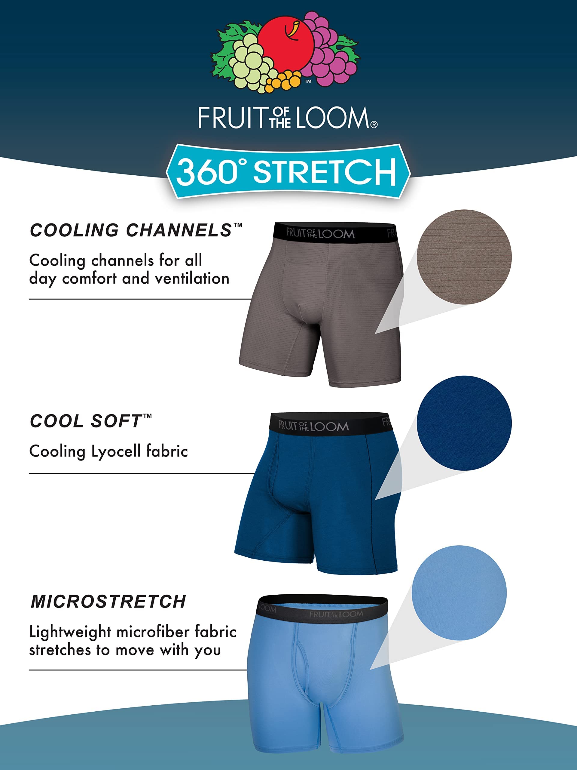 Fruit of the Loom Men's 360 Stretch Boxer Briefs, High Performance Stretch, Quick Dry & Moisture Wicking