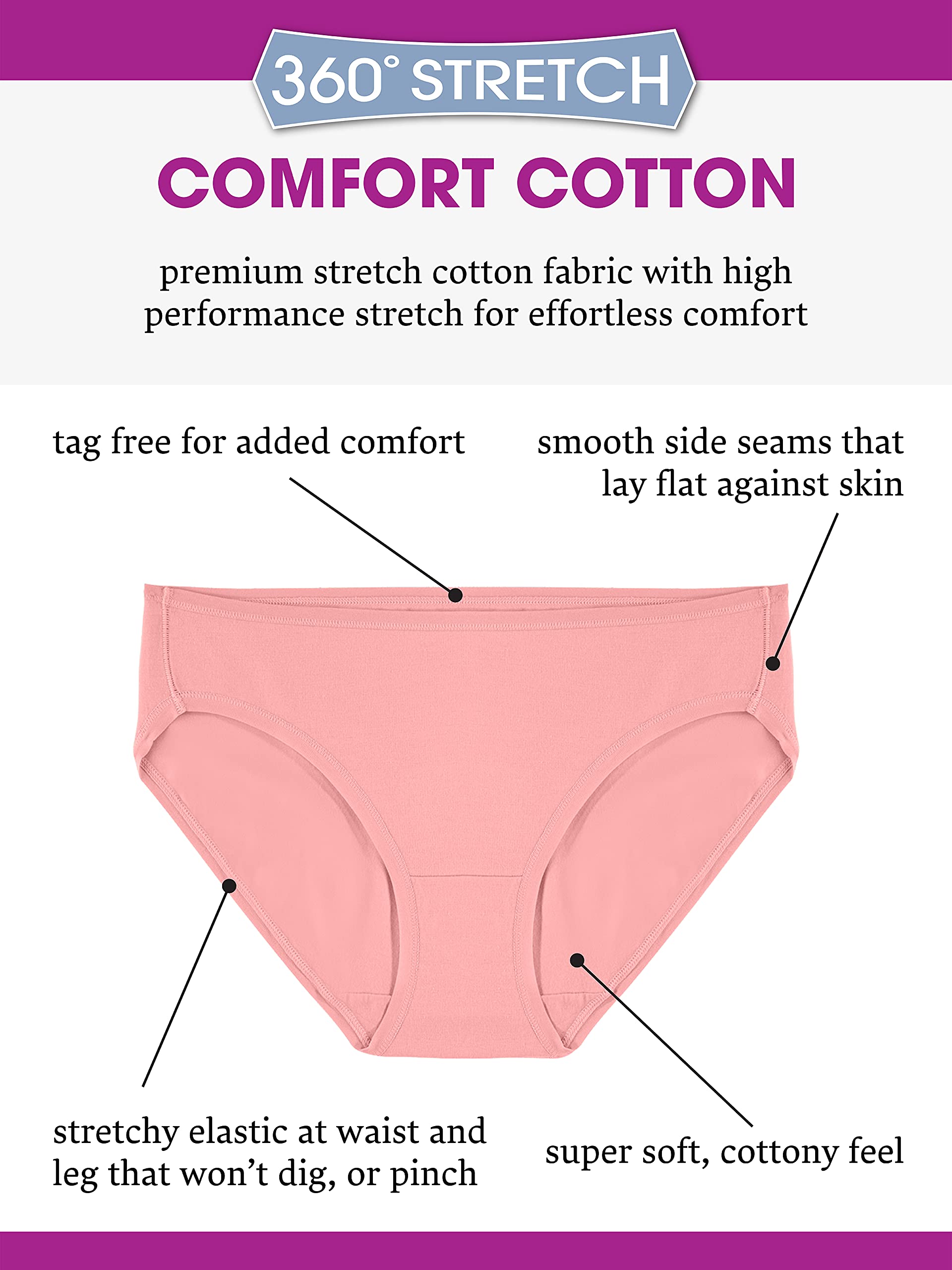 Fruit of the Loom Women's 360 Underwear, High Performance Stretch for Effortless Comfort, Available in Plus Size