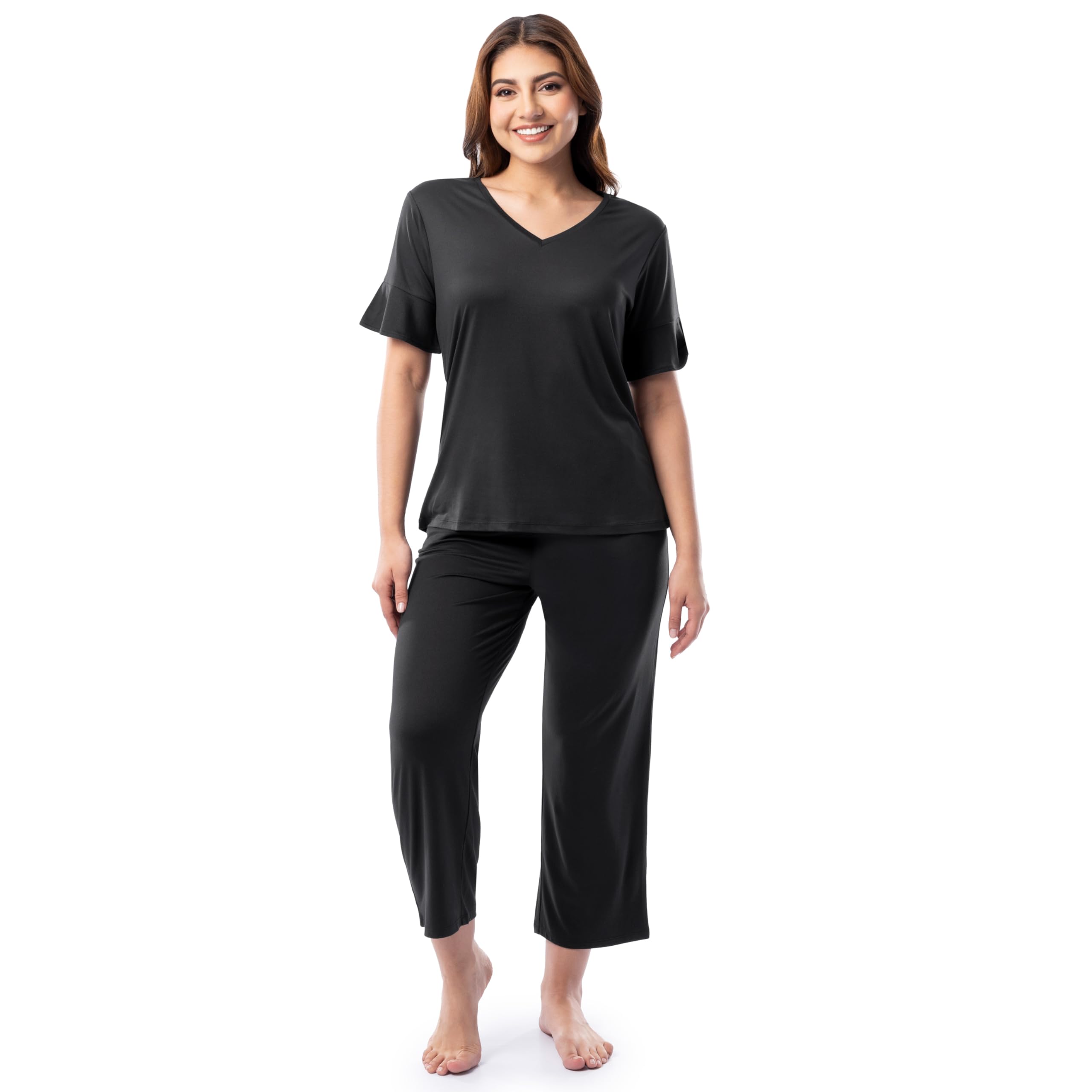 Fruit of the Loom womens 360 Stretch Ruffle Sleeve V-neck Tee and Capri Sleep Pajama Set