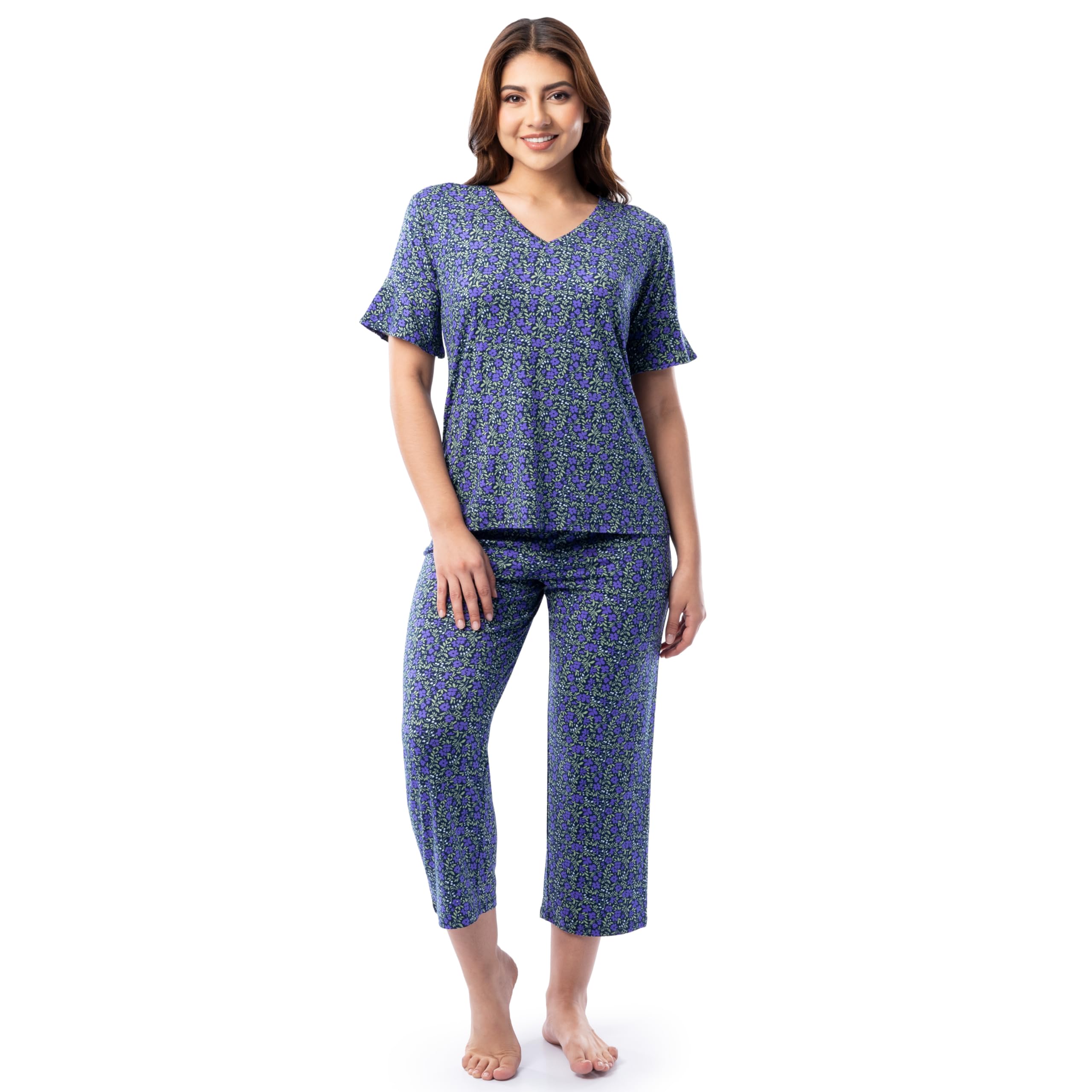 Fruit of the Loom womens 360 Stretch Ruffle Sleeve V-neck Tee and Capri Sleep Pajama Set