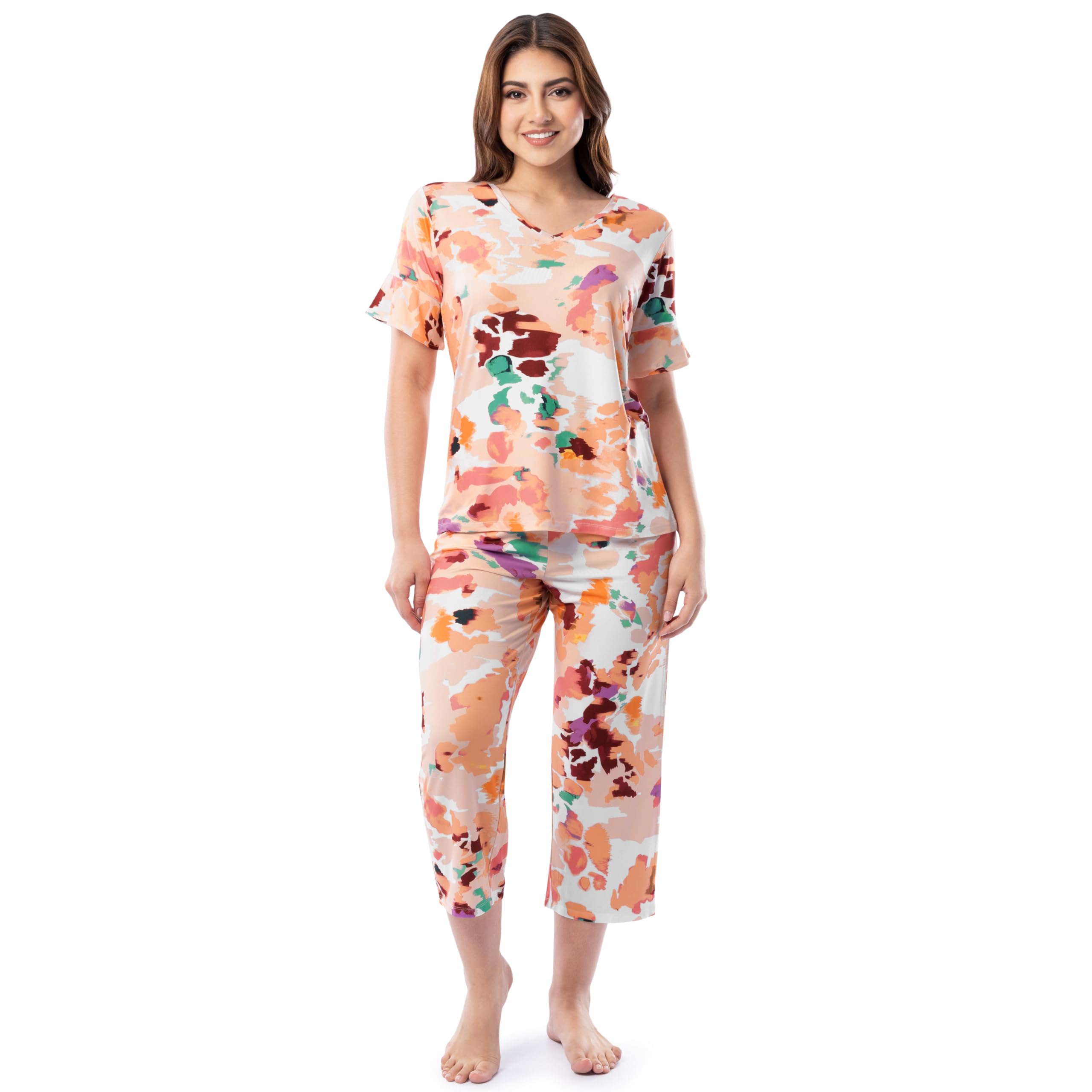 Fruit of the Loom womens 360 Stretch Ruffle Sleeve V-neck Tee and Capri Sleep Pajama Set