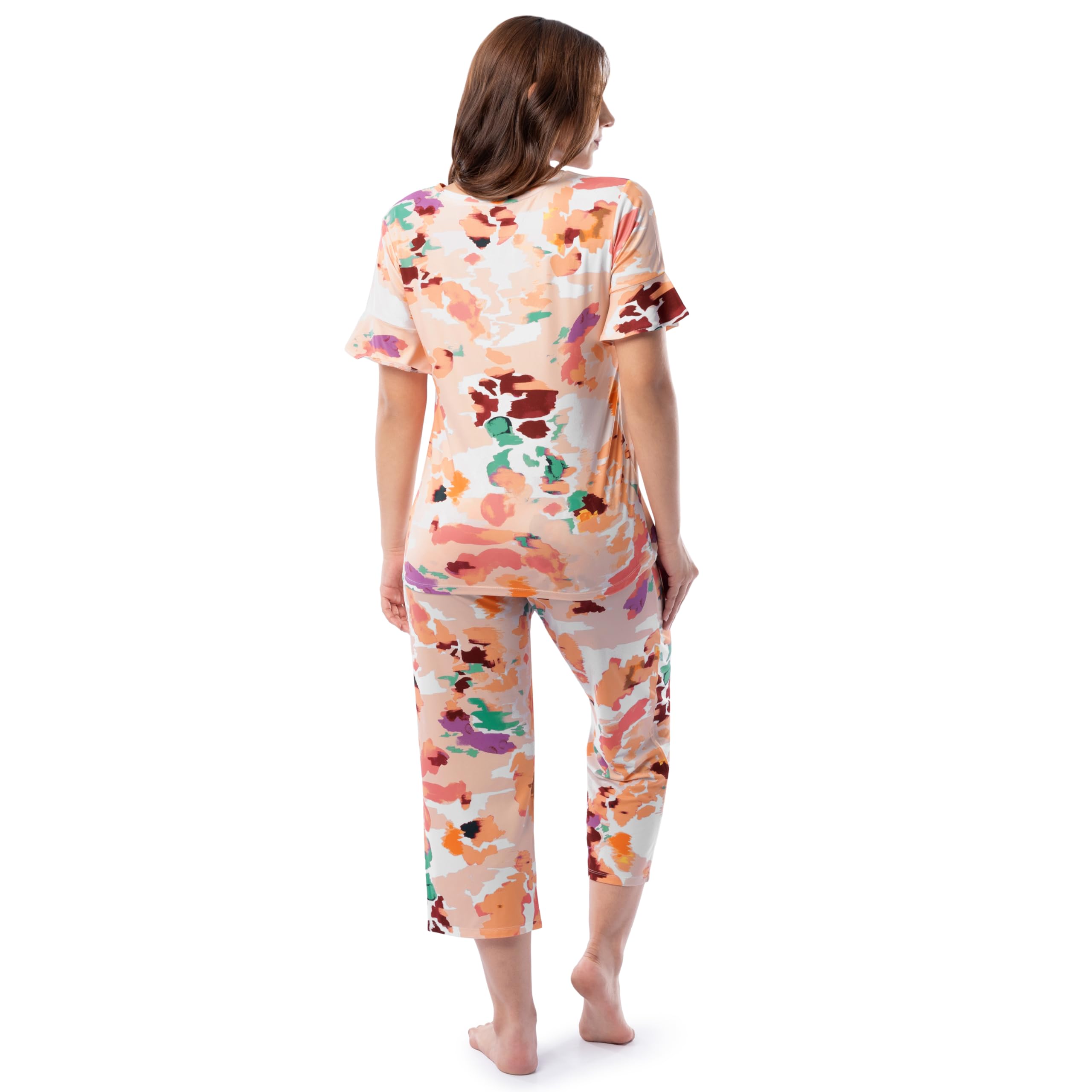Fruit of the Loom womens 360 Stretch Ruffle Sleeve V-neck Tee and Capri Sleep Pajama Set