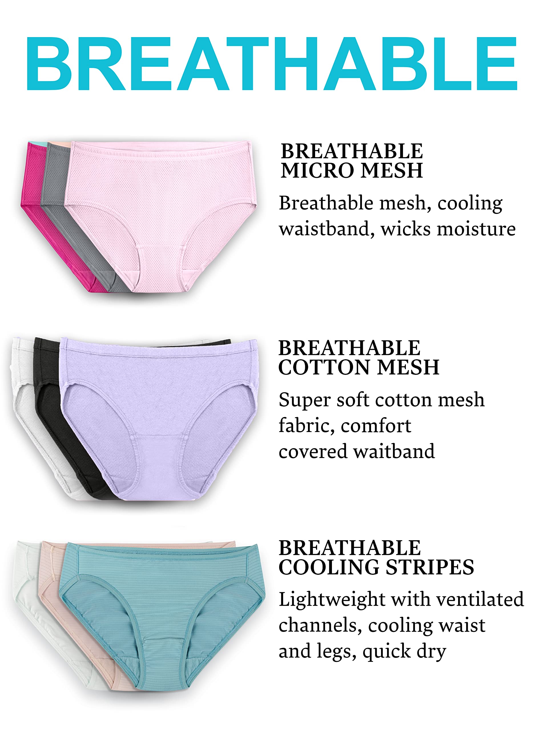 Fruit of the Loom Women's Breathable Underwear, Moisture Wicking Keeps You Cool & Comfortable, Available in Plus Size